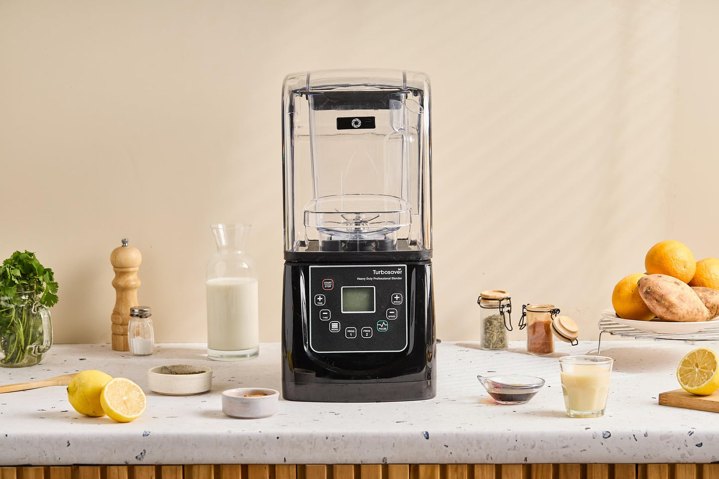 Turbosaver TB-020C Commercial Blender with Sound Enclosure, 4HP 2200W Heavy Duty Motor, 51 oz BPA-Free Jar, Digital Touch Panel, Quiet Professional Smoothie & Ice Crusher Blender